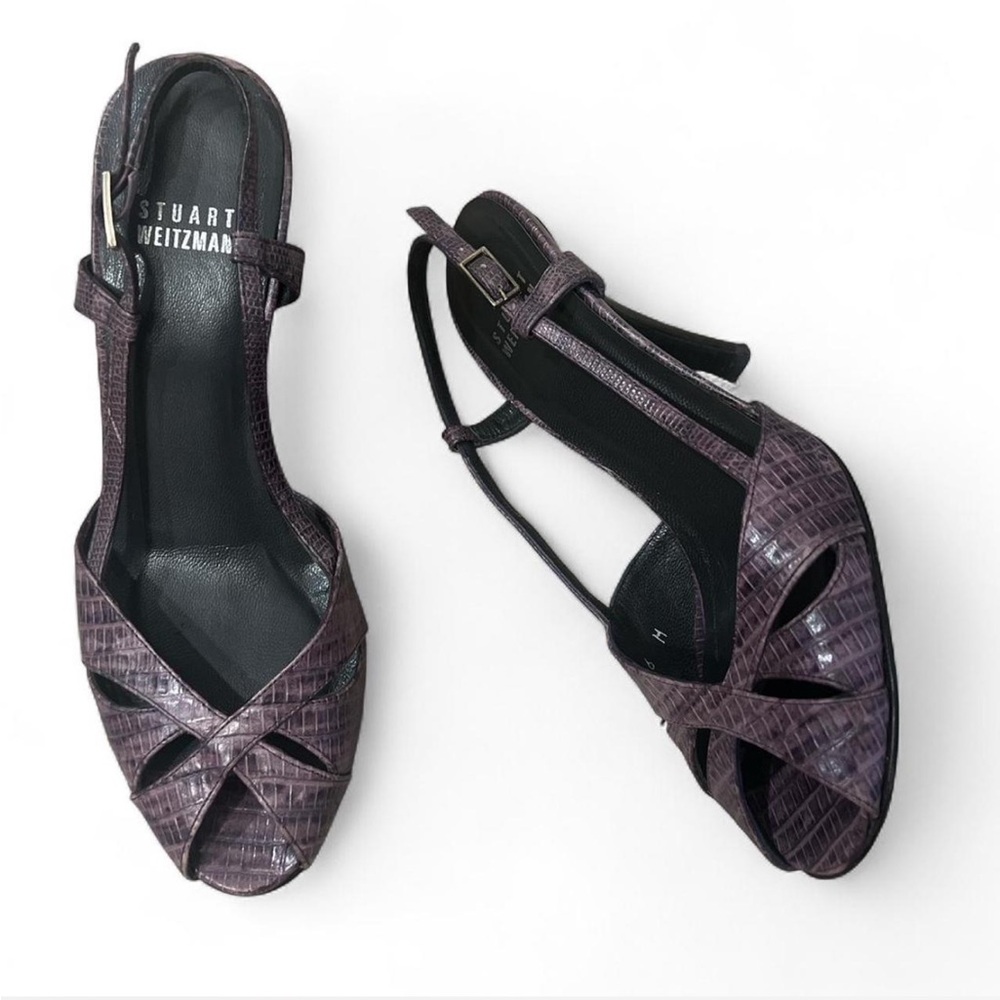 Stuart Weitzman Purple Croc-Embossed Slingback Sandals